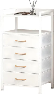 Productafbeelding van Nachtkastje met 4 lades – geschikt voor slaapkamer en woonkamer – bijzettafel met open vak – stof/multifunctioneel – wit