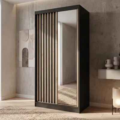 Produktbild von BEAUTYSOFA | Kleiderschrank DONATELLO 100 cm Schwarz/Artisan mit Spiegel und Lamellen Schwebetürenschrank modern