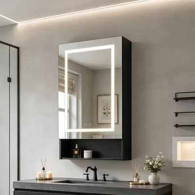Produktbild von INONEFT Spiegelschrank Bad LED mit 3-Farben-Beleuchtung 50x16x 88cm, 1-türig spiegelschrank mit Glasboden und Entfogging, Touch Schalter, Schwarz
