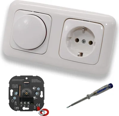 Produktbild von EBROM 1001 LED Drehdimmer Dimmer + Busch Jäger Dimmerscheibe 2115-214 und Steckdose 20EUC-214 in Reflex Si alpinweiß glänzend inklusive EBROM Phasenprüfer zur Montage der Geräte
