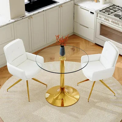 Immagine prodotto di Set tavolo e sedie, tavolo in vetro diametro 85 cm, struttura in metallo, 2 sedie girevoli inPoliuretano(trasparente, bianco e oro)