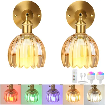 Obrázek produktu pro 2 ks nástěnné světlo RGB žárovka dobíjecí baterie E27, nástěnná lampa stmívatelná bezdrátové skleněné stínidlo dálkové ovládání časovač obývací pokoj ložnice chodba schody