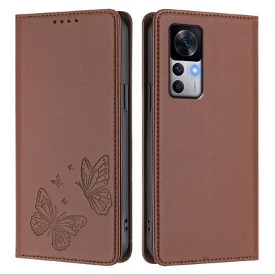 Produktbild von Lederhülle für Xiaomi 12T /Xiaomi 12T Pro, Schmetterling Prägung Leder Brieftasche Schutzhülle mit Ständer Braun