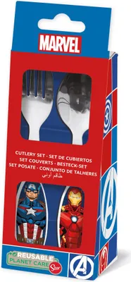 Produktbild von Tataway Marvel 2er-Set, blaues Kinderbesteck aus Edelstahl, Avengers, Captain America, Iron Man, mit abgerundeten Spitzen