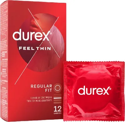 A box of Durex Feel Thin condoms and one individual condom wrapper.