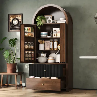 Produktbild von STILVORA Bogenschrank mit Türablagen,Vitrine mitoffenem Oberfach und 2 Schubladen,Weinschrank für Küche,Wohnzimmer,Schlafzimmer, Walnussoptik