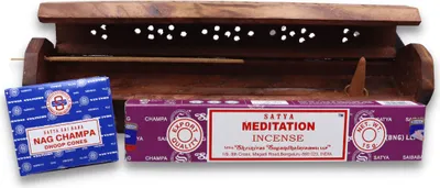 Produktbild von LAVISA Räucherstäbchen Starter Set mit Satya Räucherstäbchen, Räucherkegel und Halter aus echtem Holz