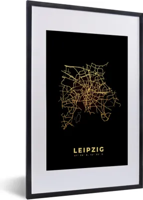 Produktbild von MuchoWow® Gerahmtes Poster Leipzig - Karte - Gold - Stadtplan 40x60 cm - Poster mit Schwarzem Bilderrahmen Wandposter Rahmen Foto Bilder - Poster in Rahmen