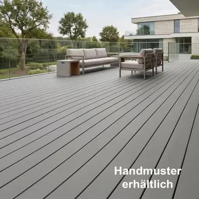 Produktbild von Terrassendielen WPC WoodoRhodos Grau | Diele für Balkon + Terrasse Außenbereich 2,4m x 12cm x 2cm mit Clipsystem & Unterkonstruktion | Holzoptik