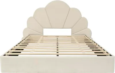 Produktbild von Doppelbett Polsterbett 140x200cm Ohne Matratze Kopfteil Geschwungenen Bluetenblaettern Modernes Bettgestell Samt Beige Funktionsbett Jugendbett