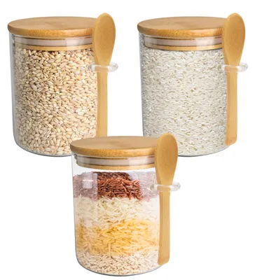 Vorratsgläser 600 ml 3er-Set mit Bambusdeckel & Löffel luftdicht