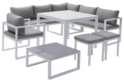 Image de Salon de jardin modulable IBIZA en tissu gris 7 places - aluminium blanc