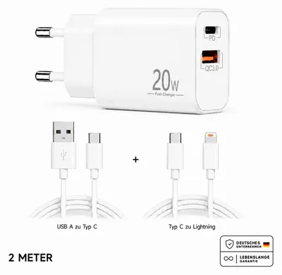 Obrázok produktu pre Rýchlonabíjačka USB-C + USB-A, univerzálny napájací adaptér s káblom – 1x USB Type-C, 1x Type-C Lightning, 2 metre