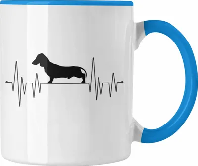 Produktbild von Trendation - Dackel Mom Grafik Tasse Geschenk für Dackel-Besiterin Frauchen Geschenkidee Kaffee-Becher Lustig Herzschlag (Blau)