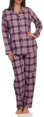 Produktbild von Damen Flanell Pyjama Schlafanzug langarm mit Knopfleiste und Reverskragen - 291 201 15 557 ; beere , 40
