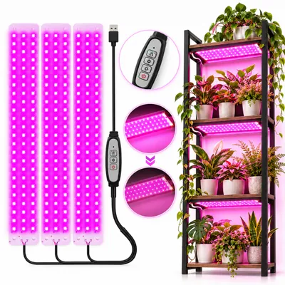Obrázek produktu pro Pěstební lampa s 288 LED diodami, plnospektrální, 5V USB, 3 panely, s časovačem 3/9/12 hodin a 4 úrovněmi intenzity světla, velmi tenká, vhodná pro pokojové rostliny, zeleninu a květiny
