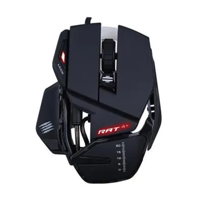 A black gaming mouse with red accents is shown against a white background.