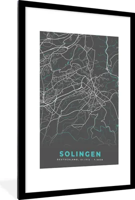 Produktbild von MuchoWow® Gerahmtes Poster Karte - Solingen - Blau - Stadtplan - Deutschland 60x90 cm - Poster mit Schwarzem Bilderrahmen Wandposter Rahmen Foto Bilder - Dekoration - Wandposter Wohnzimmer - Hochwertig