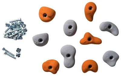 Klettergriffe Komplettset für Kinder mit orangefarbenen und grauen Griffen sowie Schrauben von Kletterbude.