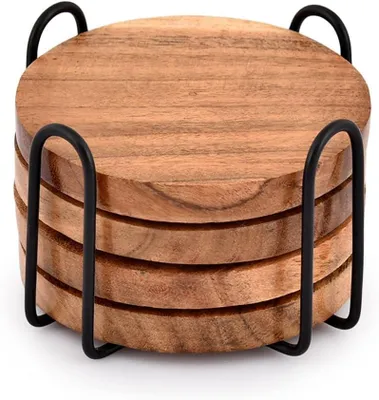 Productafbeelding van Acacia houten onderzetters voor dranken met ijzeren houder standaard voor salontafel - Tafelbescherming decor - Set van 4