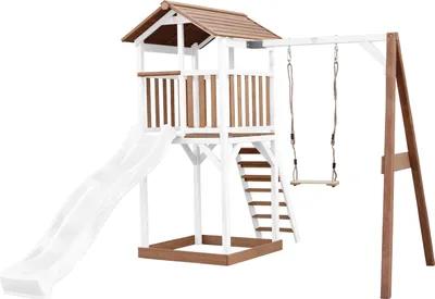 Produktbild von AXI Beach Tower Spielturm aus Holz in Braun & Weiß | Spielhaus für Kinder mit weißer Rutsche, Schaukel und Sandkasten | Stelzenhaus für den Garten