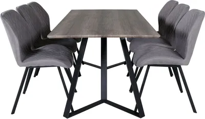 Produktbild von MarinaGRBL Essgruppe Esstisch El Holz Nachbildung grau und 6 Gemma Esszimmerstühle grau.