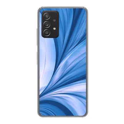A smartphone case with an abstract blue design is shown against a white background.