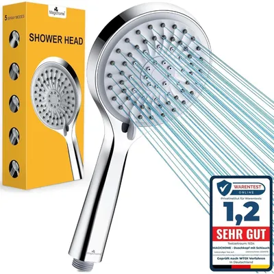 Immagine prodotto di Doccia a risparmio idrico, 5 getti, alta pressione, soffione manuale, materiale ABS, finitura cromata, attacco G1/2