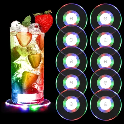Produktbild von Bunte LED-Untersetzer – Set mit 10 Stück – 3 Beleuchtungsmodi – Leuchtende Untersetzer – Acryl – Rund – Wasserdichte Untersetzer