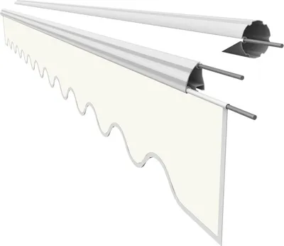 A close-up, studio shot of a white awning fabric with a scalloped edge, attached to a white roller mechanism.