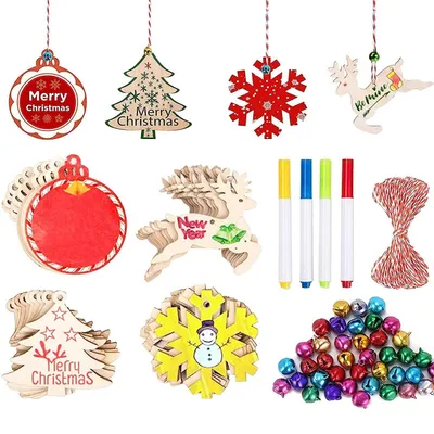 Image de Kit de fabrication de décorations de Noël en bois, comprenant 40 pièces avec corde en jute et clochettes
