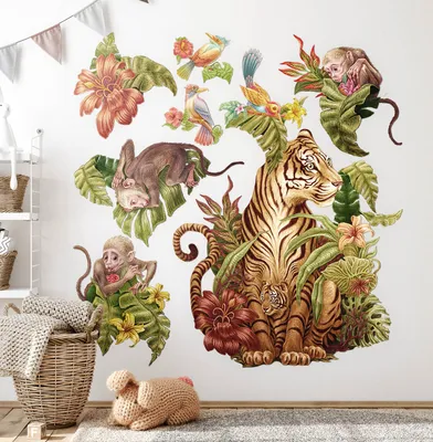 Produktbild von Dschungel-Safari– Wandgestaltung – Wandbilder Kinder – Motivtapeten Set – Wanddekor Kinderzimmer – Selbstklebende Wandsticker – 60x80 cm