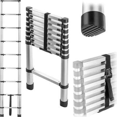 Obrázok produktu pre Teleskopický rebrík z hliníka – HOME – 2,6 m – 9 priečok – skladací – ľahký – prenosný
