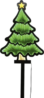 A decorative Christmas tree with a star on top, mounted on a black pole, against a white background.