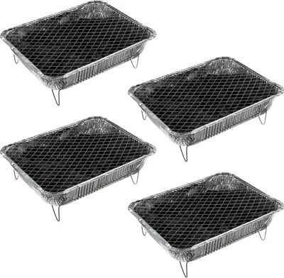 Four disposable aluminum grills with wire grates are arranged in a grid pattern on a white background.
