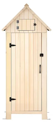 Image de Armoire de jardin en bois SucceBuy avec porte verrouillable, armoire à outils avec étagères et fond, idéale pour les outils de jardin, abri à outils pour terrasse et jardin, 63 x 46 x 173 cm