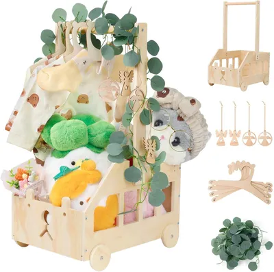 Productafbeelding van Baby Shower Gifts met Handvat Houten Baby Mand Babymand met Houten Wielen Cadeaumand voor Baby met Decorbladeren Houten Kleerhanger en Engel