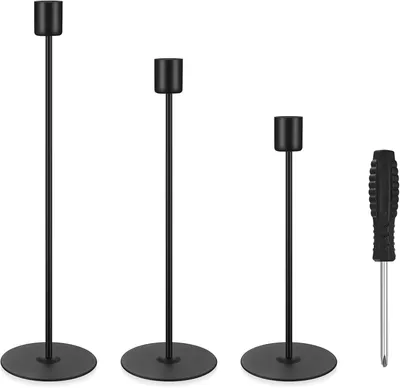 Image de 3 chandeliers, supports de bougies effilés, supports de bougies vintage, chandeliers noirs pour mariage, salon