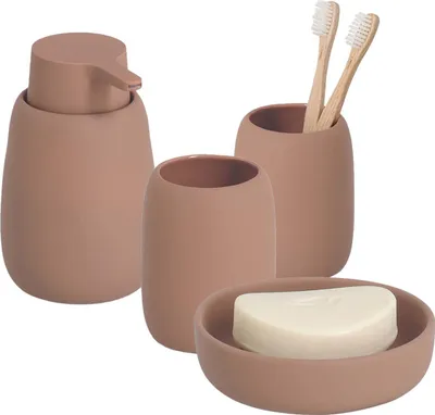 Produktbild von 4-teiliges Badezimmer-Set Keramik mocca, Badzubehör-Set besteht aus: Seifenspender, 2x Zahnputzbecher, Seifenschale, moderne Badausstattung von Zeller