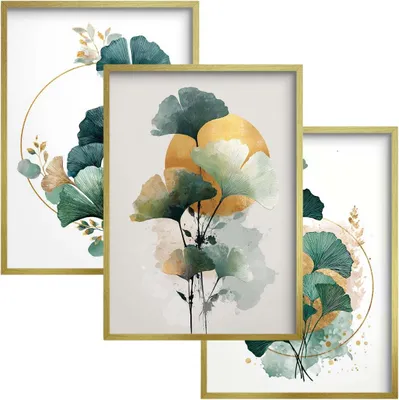 Produktbild von Wandposter Bilder in goldenen Rahmen Triptychon Blätter Gold Türkis Glamour