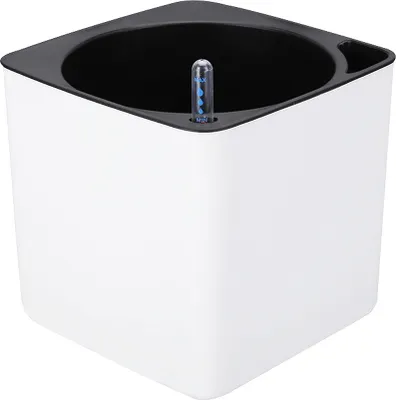 A white self-watering planter with a black inner pot and a blue water level indicator.