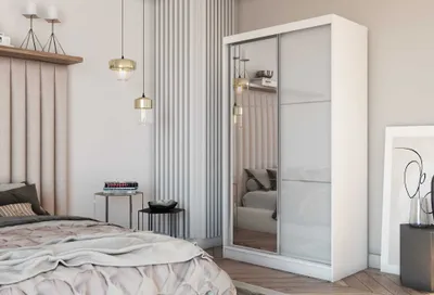 Produktbild von AGMAT Schwebetürenschrank Viva, Kleiderschrank mit 2 Türen und Spiegel, Moderne Garderobe in Farbe: Weiß / Weiß, Schrank in Größe: 120 x 216 x 61 cm