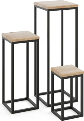 Produktbild von LAMO Manufaktur Pflanzenständer Set - 3 Stücke 30/50/70 cm | Blumenständer Metall Schwarz | Blumenhocker Holz mit Natur Farbe | 100% Echtholz | Sockel für Zimmerpflanzen