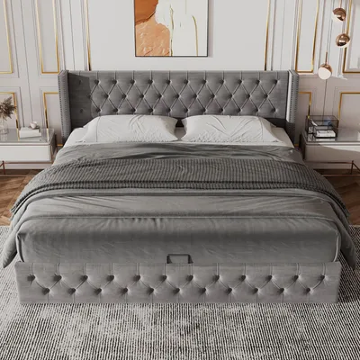 Image de Lit Chesterfield avec coffre de rangement hydraulique, dimensions 140 x 200 cm, couleur gris
