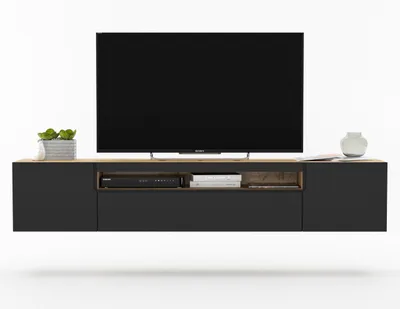Zdjęcie produktu dla Wisząca Szafka RTV Loft Industrialna Komoda RTV czarny MAT Dąb Artisan 200 cm