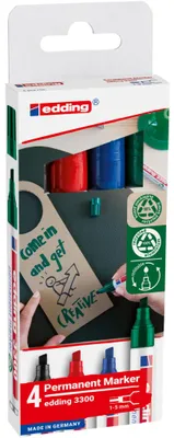 Zdjęcie produktu dla Edding 3300, Czarny, Niebieski, Zielony, Czerwony, Końcówka ścięta, Aluminium, 1 mm, 5 mm, Karton, Szkło, Skóra, Metal, Plastik, Drewno