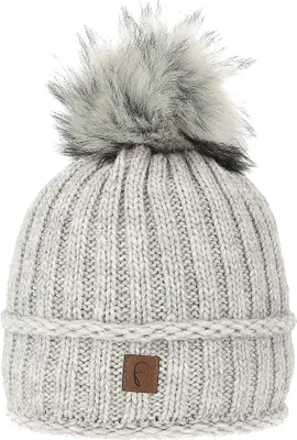 Produktbild von Faera Wintermütze warm gefüttert mit Kunstfell Bommel-Mütze Fleece-Futter Winter Strick-Mütze Beanie-Mütze Damen Herren One-Size Hellgrau