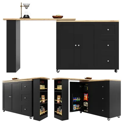 Produktbild von Flieks Esstisch Küchentisch 360° drehbar, Bartisch Speisewagen Kücheninselwagen mit Kommode, Rechteckiger Tisch, Servierwagen 138/209x39cm, Schwarz