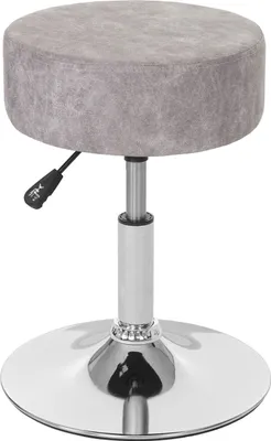 A studio shot of a gray adjustable stool with a chrome base.
