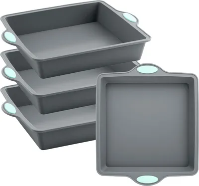 Produktbild von 4 Stück Silikon Backform Set - 25cm Kuchenform Eckig Silikon Grau mit Griffen - Antihaftbeschichtet - für Kuchen Toast Brot Laib Quiche - grau